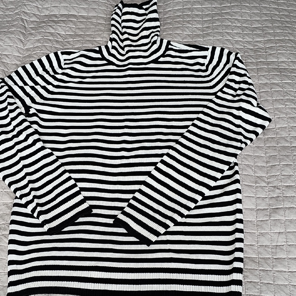 Andrew Marc Black and White Striped Turtleneck Sweater